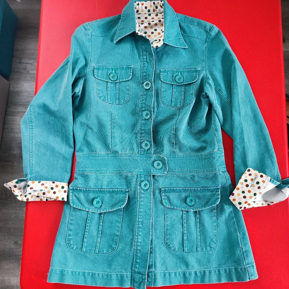 Almond oil trench coat distressed canvas turquoise women's